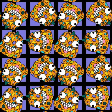 Cadılar Bayramı balkabakları kağıt, kumaş, çarşaf, çocuk giysisi baskısı, şenlik ambalajı ve sonbahar partisi aksesuarları için kusursuz canavar desenleri. Yüksek kaliteli illüstrasyon