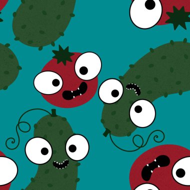 Sonbahar sebzesiz domates ve salatalık desenli ambalaj kağıdı, kumaş, çarşaf ve çocuk giysisi baskısı, mutfak tekstili ve moda aksesuarları. Yüksek kaliteli illüstrasyon