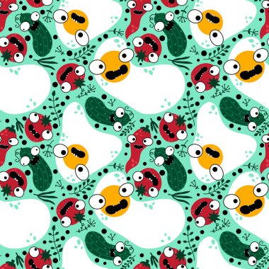 Sonbahar sebzesiz domates ve salatalık desenli ambalaj kağıdı, kumaş, çarşaf ve çocuk giysisi baskısı, mutfak tekstili ve moda aksesuarları. Yüksek kaliteli illüstrasyon