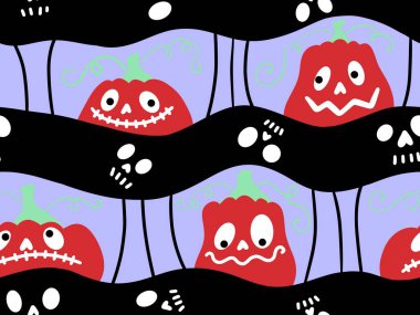 Cadılar Bayramı balkabakları kağıt, kumaş, çarşaf, çocuk giysisi baskısı, şenlik ambalajı ve sonbahar partisi aksesuarları için kusursuz canavar desenleri. Yüksek kaliteli illüstrasyon