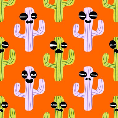 Kağıt, kumaş, çarşaf, tatil aksesuarları ve çocuk giysileri baskısı ve mayo tekstili için yaz çiçeksiz kaktüs deseni. Yüksek kaliteli illüstrasyon