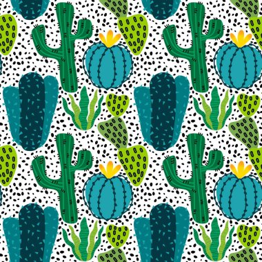 Kağıt, kumaş, çarşaf, tatil aksesuarları ve çocuk giysileri baskısı ve mayo tekstili için yaz çiçeksiz kaktüs deseni. Yüksek kaliteli illüstrasyon