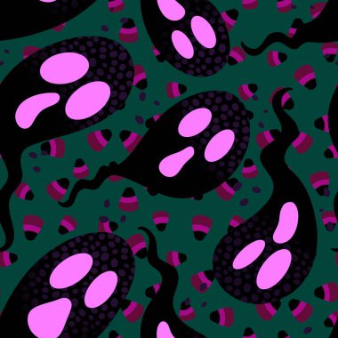 Cadılar Bayramı hayaletleri kağıt, kumaş, çarşaf ve çocuk giysileri baskısı, ambalaj ve şenlikli aksesuarlar için kusursuz çizgi film desenleri. Yüksek kaliteli illüstrasyon