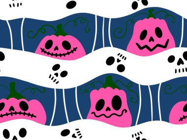 Cadılar Bayramı balkabakları kağıt, kumaş, çarşaf, çocuk giysisi baskısı, şenlik ambalajı ve sonbahar partisi aksesuarları için kusursuz canavar desenleri. Yüksek kaliteli illüstrasyon