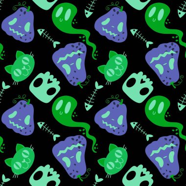 Cadılar Bayramı balkabakları kağıt, kumaş, çarşaf, çocuk giysisi baskısı, şenlik ambalajı ve sonbahar partisi aksesuarları için kusursuz canavar desenleri. Yüksek kaliteli illüstrasyon