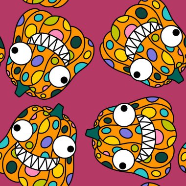 Cadılar Bayramı balkabakları kağıt, kumaş, çarşaf, çocuk giysisi baskısı, şenlik ambalajı ve sonbahar partisi aksesuarları için kusursuz canavar desenleri. Yüksek kaliteli illüstrasyon