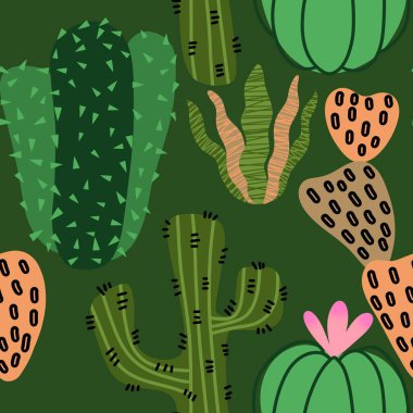 Kağıt, kumaş, çarşaf, tatil aksesuarları ve çocuk giysileri baskısı ve mayo tekstili için yaz çiçeksiz kaktüs deseni. Yüksek kaliteli illüstrasyon