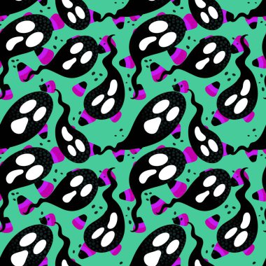 Cadılar Bayramı hayaletleri kağıt, kumaş, çarşaf ve çocuk giysileri baskısı, ambalaj ve şenlikli aksesuarlar için kusursuz çizgi film desenleri. Yüksek kaliteli illüstrasyon