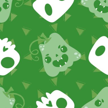 Cadılar Bayramı balkabakları kağıt, kumaş, çarşaf, çocuk giysisi baskısı, şenlik ambalajı ve sonbahar partisi aksesuarları için kusursuz canavar desenleri. Yüksek kaliteli illüstrasyon