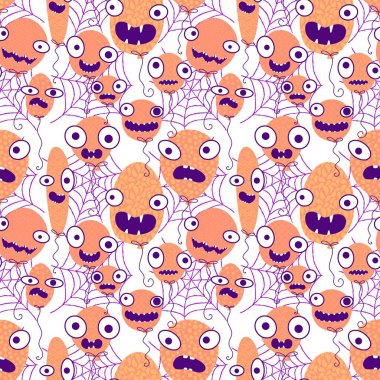 Cadılar Bayramı hayaletleri kağıt, kumaş, çarşaf ve çocuk giysileri baskısı, ambalaj ve şenlikli aksesuarlar için kusursuz çizgi film desenleri. Yüksek kaliteli illüstrasyon