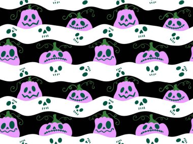 Cadılar Bayramı balkabakları kağıt, kumaş, çarşaf, çocuk giysisi baskısı, şenlik ambalajı ve sonbahar partisi aksesuarları için kusursuz canavar desenleri. Yüksek kaliteli illüstrasyon