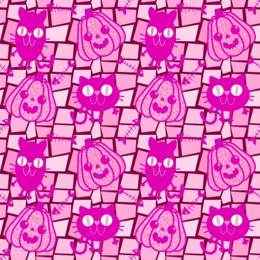 Cadılar Bayramı balkabakları kağıt, kumaş, çarşaf, çocuk giysisi baskısı, şenlik ambalajı ve sonbahar partisi aksesuarları için kusursuz canavar desenleri. Yüksek kaliteli illüstrasyon