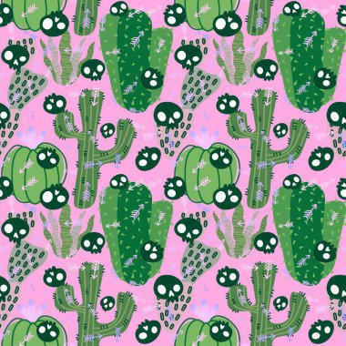 Kağıt, kumaş, çarşaf, tatil aksesuarları ve çocuk giysileri baskısı ve mayo tekstili için yaz çiçeksiz kaktüs deseni. Yüksek kaliteli illüstrasyon