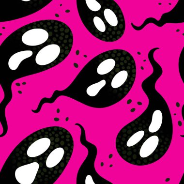 Cadılar Bayramı hayaletleri kağıt, kumaş, çarşaf ve çocuk giysileri baskısı, ambalaj ve şenlikli aksesuarlar için kusursuz çizgi film desenleri. Yüksek kaliteli illüstrasyon