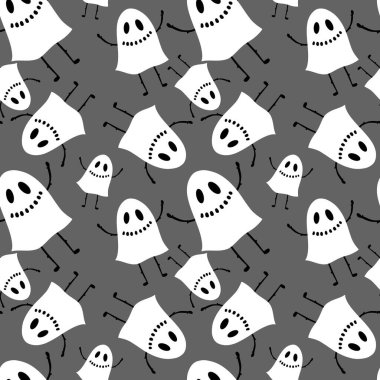 Cadılar Bayramı hayaletleri kağıt, kumaş, çarşaf ve çocuk giysileri baskısı, ambalaj ve şenlikli aksesuarlar için kusursuz çizgi film desenleri. Yüksek kaliteli illüstrasyon