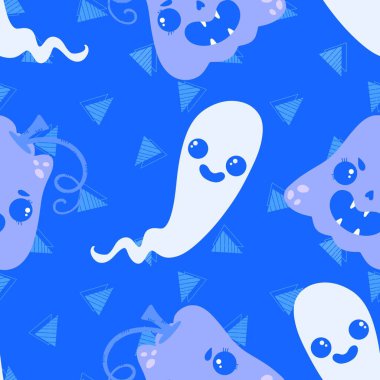 Cadılar Bayramı balkabakları kağıt, kumaş, çarşaf, çocuk giysisi baskısı, şenlik ambalajı ve sonbahar partisi aksesuarları için kusursuz canavar desenleri. Yüksek kaliteli illüstrasyon