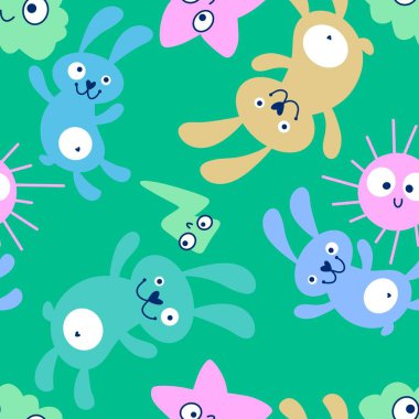 Cartoon animals seamless rabbit bunnies pattern for wrapping paper and fabrics and linens and kids clothes print and festive packaging. High quality illustration