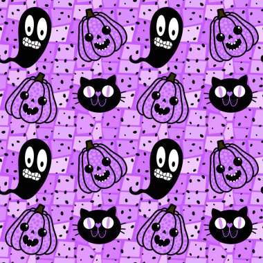 Cadılar Bayramı balkabakları kağıt, kumaş, çarşaf, çocuk giysisi baskısı, şenlik ambalajı ve sonbahar partisi aksesuarları için kusursuz canavar desenleri. Yüksek kaliteli illüstrasyon