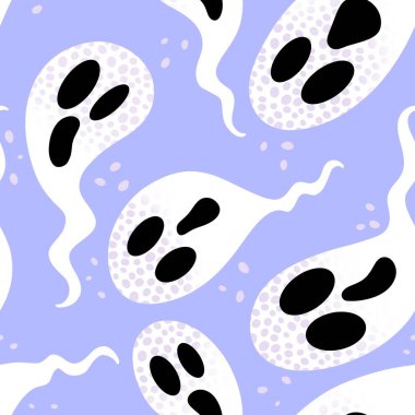 Cadılar Bayramı hayaletleri kağıt, kumaş, çarşaf ve çocuk giysileri baskısı, ambalaj ve şenlikli aksesuarlar için kusursuz çizgi film desenleri. Yüksek kaliteli illüstrasyon