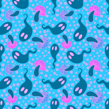 Cadılar Bayramı hayaletleri kağıt, kumaş, çarşaf ve çocuk giysileri baskısı, ambalaj ve şenlikli aksesuarlar için kusursuz çizgi film desenleri. Yüksek kaliteli illüstrasyon