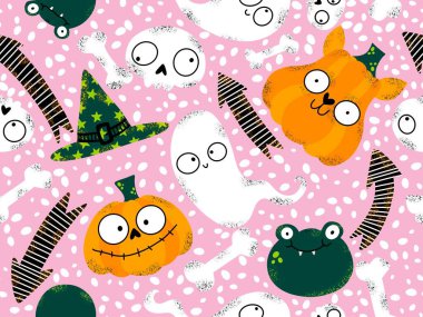 Cadılar Bayramı balkabakları kağıt, kumaş, çarşaf, çocuk giysisi baskısı, şenlik ambalajı ve sonbahar partisi aksesuarları için kusursuz canavar desenleri. Yüksek kaliteli illüstrasyon