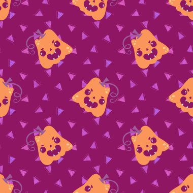 Cadılar Bayramı balkabakları kağıt, kumaş, çarşaf, çocuk giysisi baskısı, şenlik ambalajı ve sonbahar partisi aksesuarları için kusursuz canavar desenleri. Yüksek kaliteli illüstrasyon