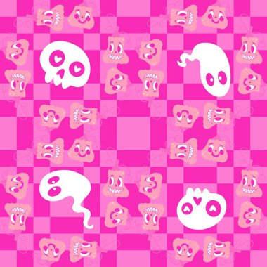 Cadılar Bayramı balkabakları kağıt, kumaş, çarşaf, çocuk giysisi baskısı, şenlik ambalajı ve sonbahar partisi aksesuarları için kusursuz canavar desenleri. Yüksek kaliteli illüstrasyon