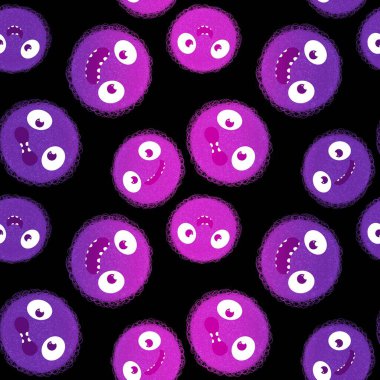 Çizgi film canavarları kağıt, kumaş, çarşaf ve çocuk giysileri baskısı ve Cadılar Bayramı ambalajları için kusursuz desenler. Yüksek kaliteli illüstrasyon