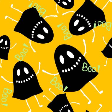 Cadılar Bayramı hayaletleri kağıt, kumaş, çarşaf ve çocuk giysileri baskısı, ambalaj ve şenlikli aksesuarlar için kusursuz çizgi film desenleri. Yüksek kaliteli illüstrasyon