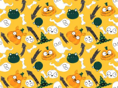 Cadılar Bayramı balkabakları kağıt, kumaş, çarşaf, çocuk giysisi baskısı, şenlik ambalajı ve sonbahar partisi aksesuarları için kusursuz canavar desenleri. Yüksek kaliteli illüstrasyon