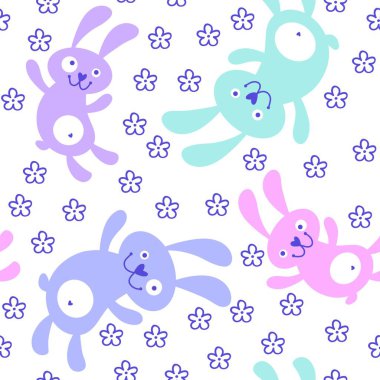 Cartoon animals seamless rabbit bunnies pattern for wrapping paper and fabrics and linens and kids clothes print and festive packaging. High quality illustration