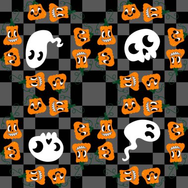 Cadılar Bayramı balkabakları kağıt, kumaş, çarşaf, çocuk giysisi baskısı, şenlik ambalajı ve sonbahar partisi aksesuarları için kusursuz canavar desenleri. Yüksek kaliteli illüstrasyon