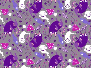 Cadılar Bayramı hayvanları, kağıt, kumaş, çarşaf, çocuk kıyafetleri ve parti aksesuarları için kusursuz kediler ve balkabağı desenleri. Yüksek kaliteli illüstrasyon