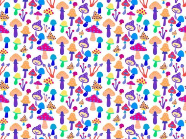 Çizgi filmlerdeki sonbahar hasadı kusursuz Cadılar Bayramı mantarları kağıt, kumaş, çarşaf, çocuk baskısı, şenlikli ambalaj ve aksesuarlar. Yüksek kaliteli illüstrasyon