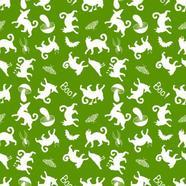 Cadılar Bayramı hayvanları, kağıt, kumaş, çarşaf, çocuk kıyafetleri ve parti aksesuarları için kusursuz kediler ve balkabağı desenleri. Yüksek kaliteli illüstrasyon