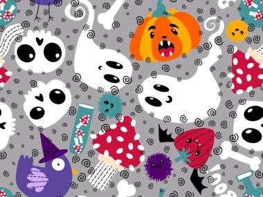 Cadılar Bayramı balkabakları kağıt, kumaş, çarşaf, çocuk giysisi baskısı, şenlik ambalajı ve sonbahar partisi aksesuarları için kusursuz canavar desenleri. Yüksek kaliteli illüstrasyon