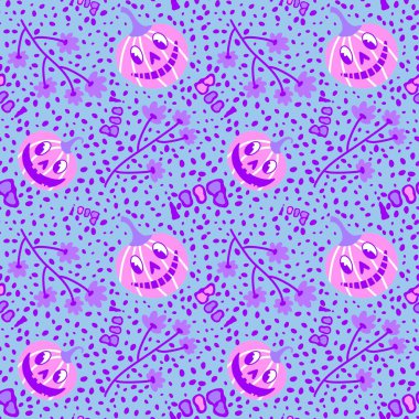 Cadılar Bayramı balkabakları kağıt, kumaş, çarşaf, çocuk giysisi baskısı, şenlik ambalajı ve sonbahar partisi aksesuarları için kusursuz canavar desenleri. Yüksek kaliteli illüstrasyon