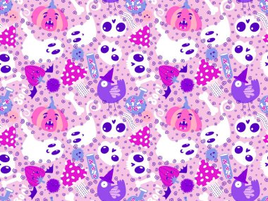 Cadılar Bayramı balkabakları kağıt, kumaş, çarşaf, çocuk giysisi baskısı, şenlik ambalajı ve sonbahar partisi aksesuarları için kusursuz canavar desenleri. Yüksek kaliteli illüstrasyon