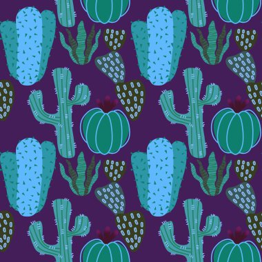 Kağıt, kumaş, çarşaf, tatil aksesuarları ve çocuk giysileri baskısı ve mayo tekstili için yaz çiçeksiz kaktüs deseni. Yüksek kaliteli illüstrasyon