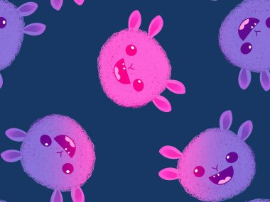 Çizgi film canavarları kağıt, kumaş, çarşaf ve çocuk giysileri baskısı ve Cadılar Bayramı ambalajları için kusursuz desenler. Yüksek kaliteli illüstrasyon