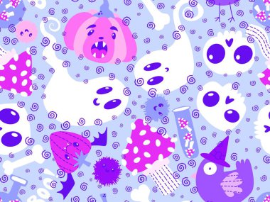 Cadılar Bayramı balkabakları kağıt, kumaş, çarşaf, çocuk giysisi baskısı, şenlik ambalajı ve sonbahar partisi aksesuarları için kusursuz canavar desenleri. Yüksek kaliteli illüstrasyon