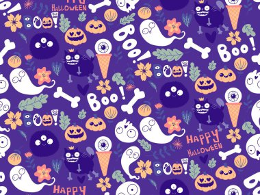 Cadılar Bayramı hayvanları, kağıt, kumaş, çarşaf, çocuk kıyafetleri ve parti aksesuarları için kusursuz kediler ve balkabağı desenleri. Yüksek kaliteli illüstrasyon