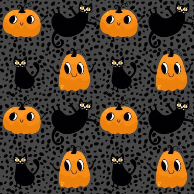 Cadılar Bayramı balkabakları kağıt, kumaş, çarşaf, çocuk giysisi baskısı, şenlik ambalajı ve sonbahar partisi aksesuarları için kusursuz canavar desenleri. Yüksek kaliteli illüstrasyon