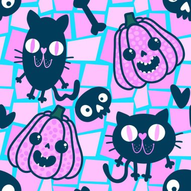 Cadılar Bayramı balkabakları kağıt, kumaş, çarşaf, çocuk giysisi baskısı, şenlik ambalajı ve sonbahar partisi aksesuarları için kusursuz canavar desenleri. Yüksek kaliteli illüstrasyon