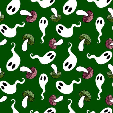 Cadılar Bayramı hayaletleri kağıt, kumaş, çarşaf ve çocuk giysileri baskısı, ambalaj ve şenlikli aksesuarlar için kusursuz çizgi film desenleri. Yüksek kaliteli illüstrasyon