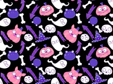 Cadılar Bayramı balkabakları kağıt, kumaş, çarşaf, çocuk giysisi baskısı, şenlik ambalajı ve sonbahar partisi aksesuarları için kusursuz canavar desenleri. Yüksek kaliteli illüstrasyon