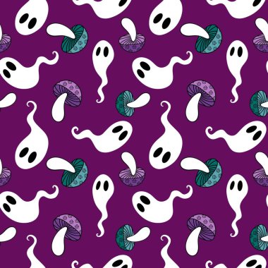 Cadılar Bayramı hayaletleri kağıt, kumaş, çarşaf ve çocuk giysileri baskısı, ambalaj ve şenlikli aksesuarlar için kusursuz çizgi film desenleri. Yüksek kaliteli illüstrasyon