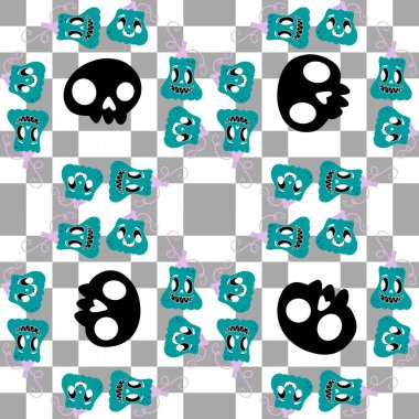 Cadılar Bayramı balkabakları kağıt, kumaş, çarşaf, çocuk giysisi baskısı, şenlik ambalajı ve sonbahar partisi aksesuarları için kusursuz canavar desenleri. Yüksek kaliteli illüstrasyon