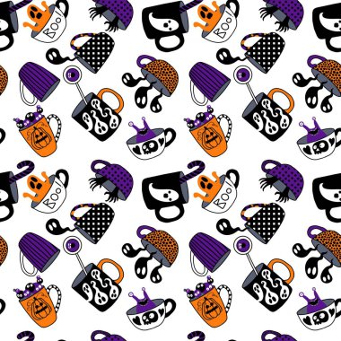 Cadılar Bayramı canavarları hayalet, kafatası ve kumaş, çarşaf ve çocuk kıyafetleri ve sonbahar partisi aksesuarları için şeker desenli dikişsiz bardaklar. Yüksek kalite fotoğraf