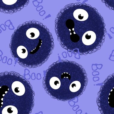 Çizgi film canavarları kağıt, kumaş, çarşaf ve çocuk giysileri baskısı ve Cadılar Bayramı ambalajları için kusursuz desenler. Yüksek kaliteli illüstrasyon